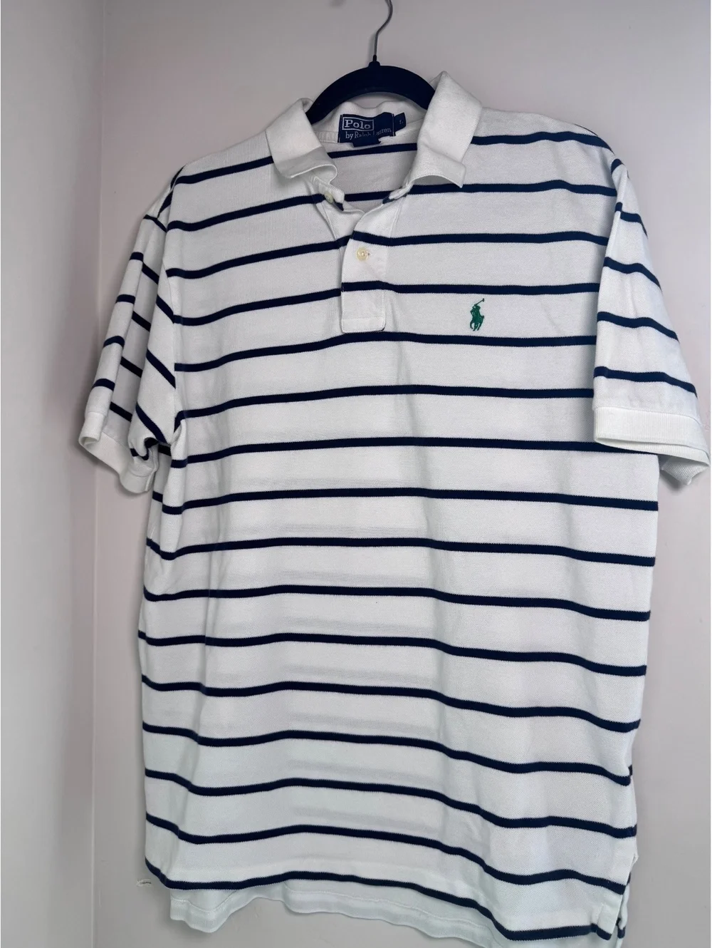 Ralph Lauren Men's White and Navy Striped Polo Shirt Size Large